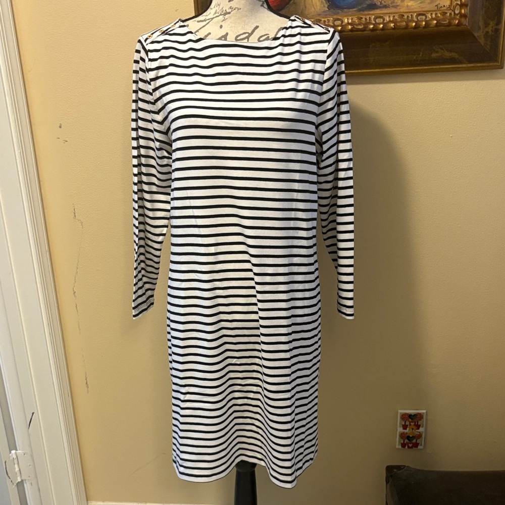 Jones New York Epaulet Gold Button detail Striped stretchy cotton modest Dress